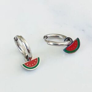 Watermelon Charm Huggie Hoop Earrings in Silver